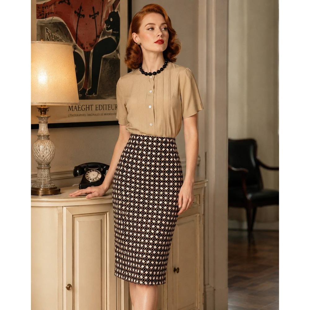 Lillie Rubin Vintage Geometric Circle Print Cotton Pencil Skirt Brown Tan 8